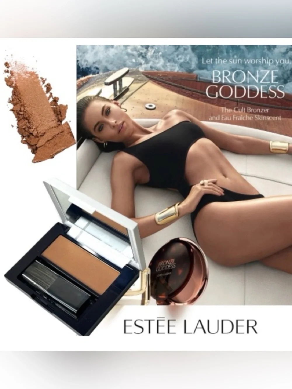 Estee Lauder Bronze Goddess 02 Medium Powder Bronzer Mini Black Mascara & Bag
